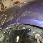 Before and after photographs of a damaged, blue, Maserati that was repaired by Elite Paint & Body Shop in West Palm Beach, FL.